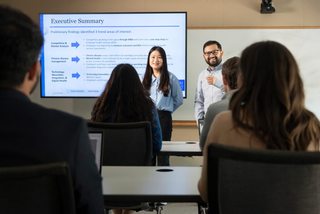 Daytime MBA students practice their presentation skills in class