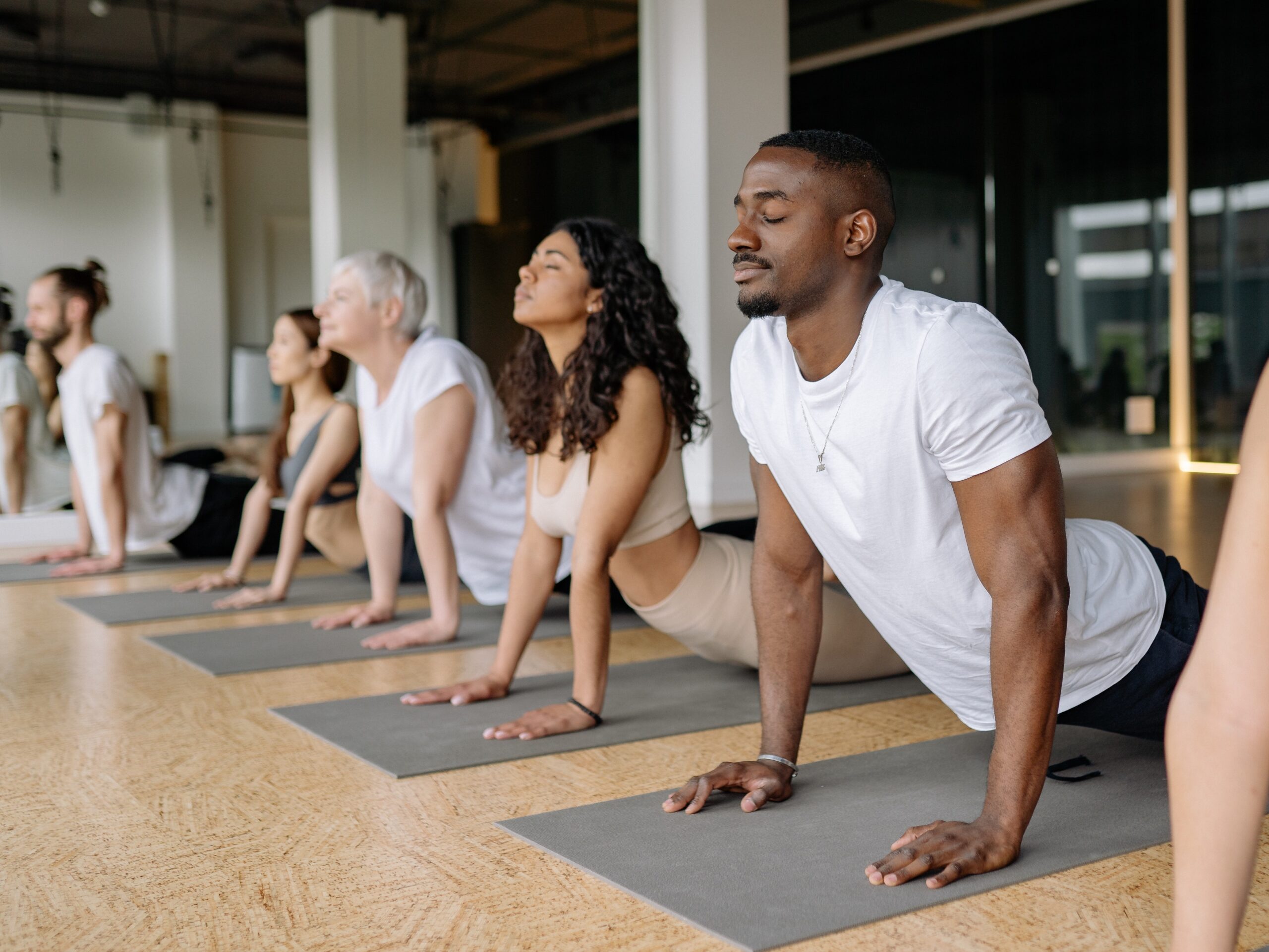 yoga students doing an upward dog yoga pose